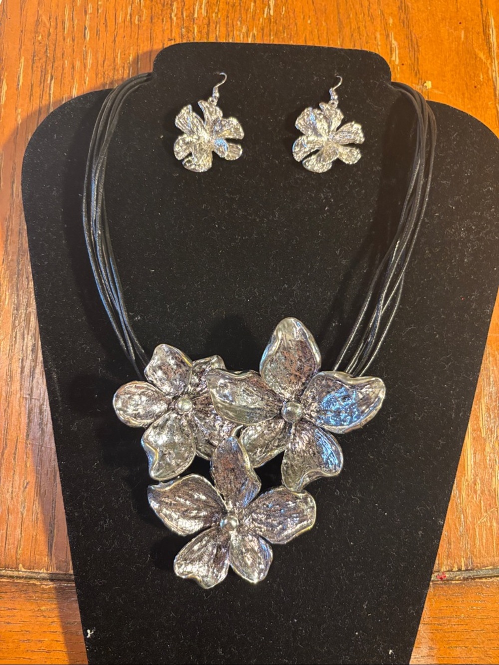 Silver Floral Multi-Strand Necklace & Earrings Set